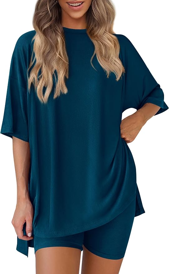 PRETTYGARDEN Women 2 Piece Lounge Set 2026 Summer Casual Oversized Shirts Biker Shorts Matching Airport Travel Outfit Clothes by PRETTYGARDEN