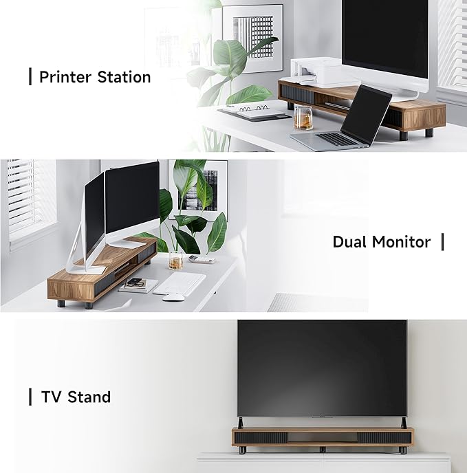 Fenge Dual Monitor Stand, 42.5inch Long Monitor Stands Riser for 2 Monitors, Glass Sliding Door with Storage Organizer Stand for Desk, 2 Tier Desk Shelf for Laptop, Pc, Printer, Computer, TV - Image 6