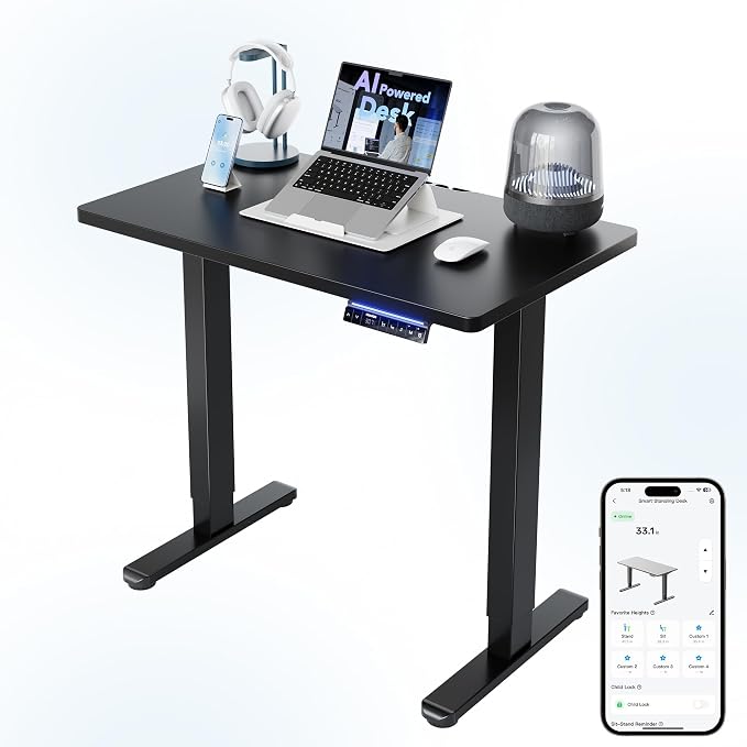 HUANUO One-Piece AI-Powered Electric Standing Desk, Smart APP, Work with Alexa & Google, Adjustable Height, 3 Memory Settings, Sedentary Reminder, Ergonomic Sit-Stand Desk, 32-inch, Black by HUANUO