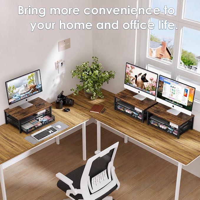 OPNICE Computer Monitor Stand Riser, Desk Organizer with Drawer, Printer & Laptop Stand, Office Desk Accessories & Workspace Desktop Organizers Storage for Office Supplies(Brown) - Image 4