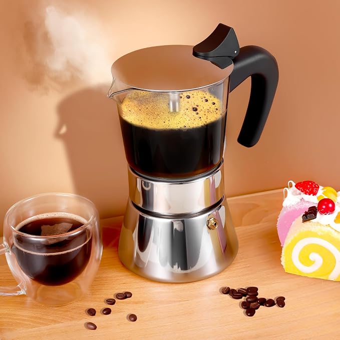 6 Cup 300ml Glass Moka Pot, Stovetop Espresso Maker, Silver | Crystal Glass-top & Stainless Steel Coffee Maker, Induction Compatible, for Greca de Cafe, Cuban and Italian Coffee Brewing - Image 6
