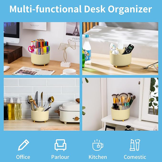 Marbrasse Desk Organizer, 360-Degree Rotating Pen Holder, Desk Organizers and Accessories with 5 Compartments Pencil Holder, Art Supply Storage Box Caddy for Office, Home (Yellow) - Image 2