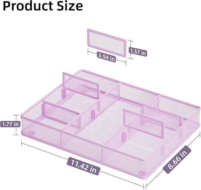 Marbrasse Desk Drawer Organizer, Metal Mesh Drawer Organizer Tray with 5 Adjustable Compartments,Desk Organizers and Accessories for Home,Office,Kitchen,Makeup,Vanity (Purple) - Image 2