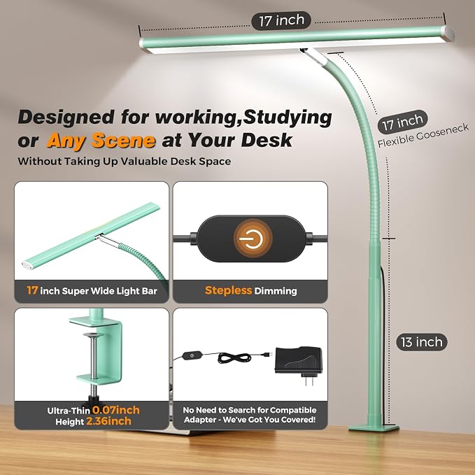 Airlonv LED Desk Lamp for Office Home, Eye-Caring Desk Light with Stepless Dimming Adjustable Flexible Gooseneck, 10W USB Adapter Desk Lamp with Clamp for Reading, Study, Workbench (Mint Green) - Image 3