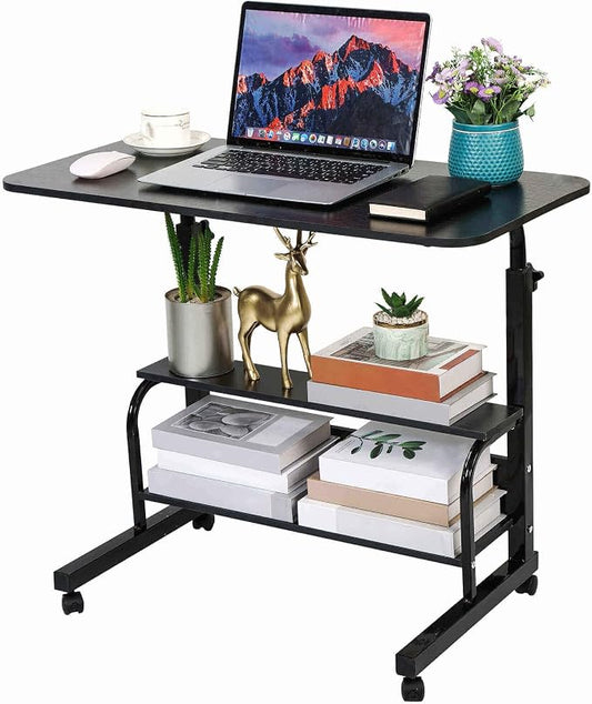 Adjustable Height Mobile Computer Desk for Small Space Rolling Table with Wheels Desk Home Office Study Desk Portable for Bedrooms Work Size 31.5x15.7 Inch Black with Storage Gaming Table B by Dekhaoxe