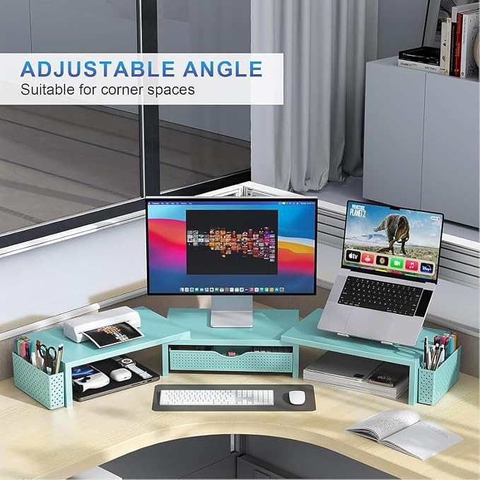 gianotter Dual Monitor Stand Riser, Desk Organizer With Drawer and 2 Pen Holders, Monitor Stand for Desk, Office Decor Essentials (Blue) - Image 3