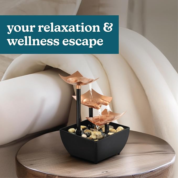 Homedics Tabletop Water Fountain, 3 Tier Indoor Waterfall Fountain with Natural River Rocks, Quiet Pump for Relaxation, Zen Home & Office Desk Décor, AA Battery Powered - Image 2