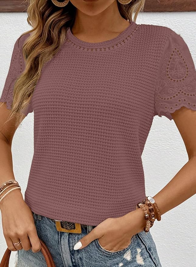 SHEWIN Womens Frenchy Summer Tops Crewneck Short Sleeve T Shirts Casual Waffle Knit Jacquard Blouses Top Shirts - Image 3