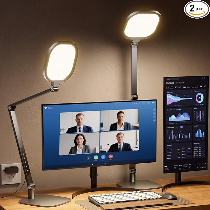 LitONES 2 Packs Desk Lamp for Home Office Zoom Video Calls-Black | 15W LED Desk Ring Light with CRI 97.8 Memory & Timer Function, 1200LM Dimmable Computer Light for Conference, Reading, Study by LitONES