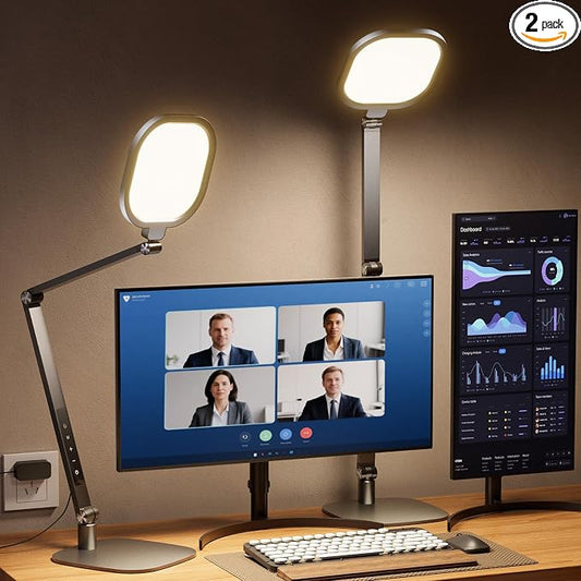LitONES 2 Packs Desk Lamp for Home Office Zoom Video Calls-Black | 15W LED Desk Ring Light with CRI 97.8 Memory & Timer Function, 1200LM Dimmable Computer Light for Conference, Reading, Study by LitONES