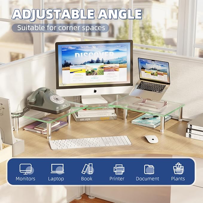 Simple Trending Glass Dual Monitor Stand, Adjustable Length/Height, Clear | 41.5"L x 9.5"W x 5"H, height 3.5"-5", length 28.37"-41.5". Hold 260 lbs. Stainless steel feet. Tempered glass. Easy assembly - Image 3