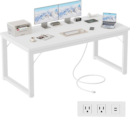 Mericonia 54 Inch Computer Desk with Power Outlets, 1.2" Thick Office Table | Modern Simple Style, Heavy Duty Industrial Frame, Study & Writing Table for Home Bedroom Work, White by MERICONIA