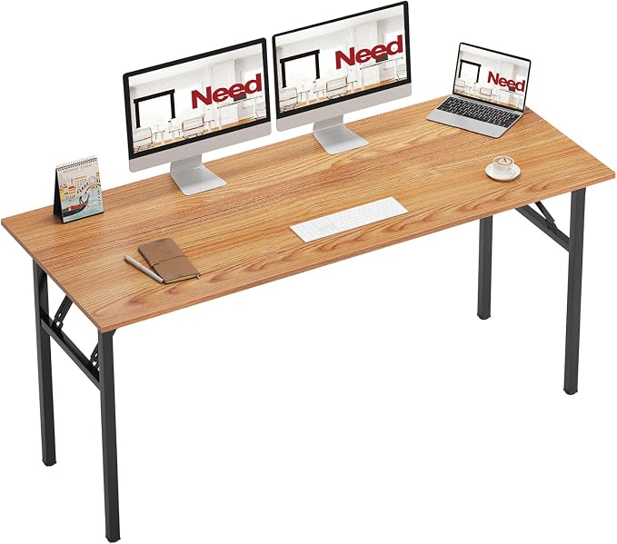 Need Home Office Desk - 62 Inches Large Computer Desk Sturdy Black Table Foldable Desk Gaming Computer Table No Assembly Required Teak AC5BB(157.5 * 60) | Black Frame Writing Gaming Work Table/Foldable Home Office Desk/Sewing Table, No Assembly Required by Need
