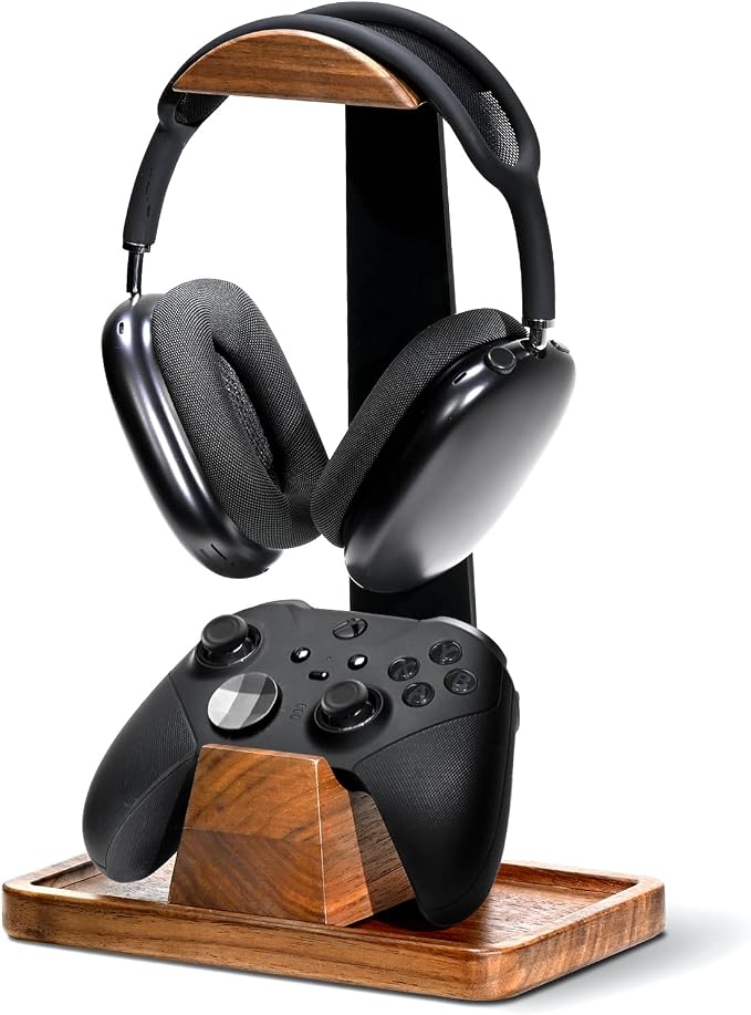 UPERGO Walnut Headphone Stand with Controller Holder & Storage Base | Solid Wood Grain, Gear & Charger Storage, Gamer Gift for PS5 Xbox Controllers, Desk Accessories by UPERGO