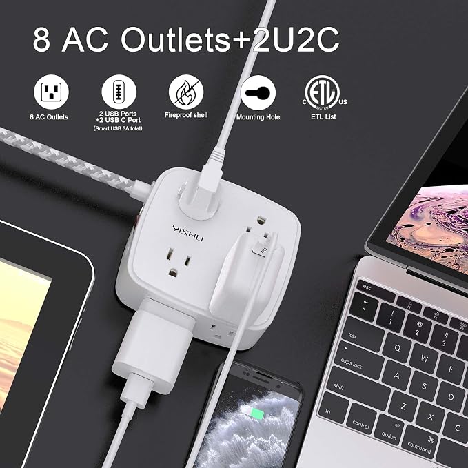 Surge Protector Power Strip - YISHU 8 Outlets with 4 USB (2 USB C) Charging Ports, 5Ft Braided Extension Cord, Flat Plug Multi Plug Outlet Extender Charging Station for Home Office, ETL, White - Image 2