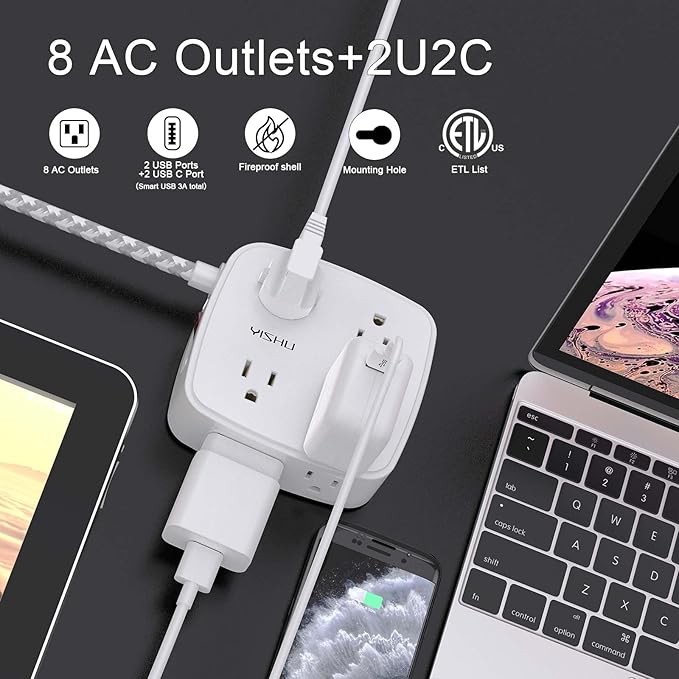 Surge Protector Power Strip - YISHU 8 Outlets with 4 USB (2 USB C) Charging Ports, 6Ft Braided Extension Cord, Flat Plug Multi Plug Outlet Extender Charging Station for Home Office, ETL, White - Image 2