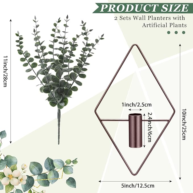 Jexine 4 Pcs Hanging Planters with Artificial Eucalyptus Metal Hanging Vase Indoor Plants Holder Modern Geometric Boho Bathroom Wall Decor for Living Room Home Office, Bronze - Image 2