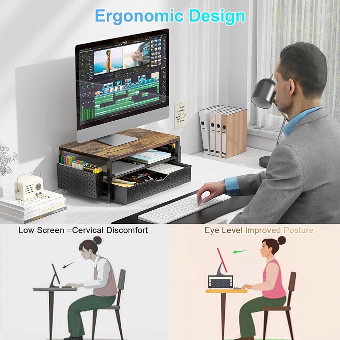 gianotter Desk Organizers and Accessories, Monitor Stand with Drawer and 2 Pen Holder, Desktop Organizer Suitable for Offices and Dormitories (Wood-Plain) - Image 2