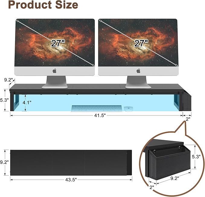 LAND·VOI Dual Monitor Stand Riser,41.5'' Long Monitor Stand for 2 Monitors, Wood and Steel Computer Monitor Stand, Desktop Oraganizer with Pen Holder, Monitor Riser for Desk Computer,Laptop,TV, Black - Image 6