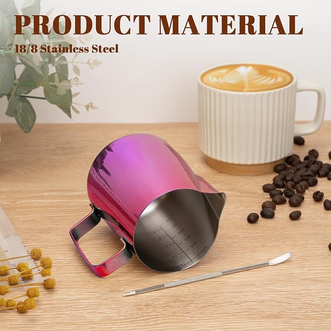Amrules Milk Frothing Pitcher, 12 oz Milk Frother Cup with Clear Scale, 304 Stainless Steel Cappuccino Espresso Machine Accessories for Barista Coffee Bar with Latte Art Pen, Multipurple - Image 5