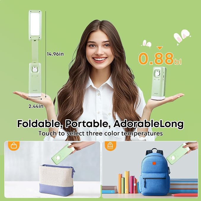 VAVOFO Cute Bunny Desk Lamp, Foldable LED Rechargeable Eye-Caring Reading Light, 3 Color Modes Dimmable Night Light for Kids Girls Bedroom Study Dorm Room (Mint Green) - Image 3