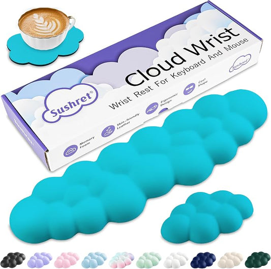 Sushret Cloud Wrist Rest Keyboard, Cloud Keyboard Wrist Pad Set with PU Leather Memory Foam, Cute Arm Rest for Palm Support, PC/Gaming Desk Accessories/Office Setup/Computer Hand Cushion - Scuba Blue by Sushret