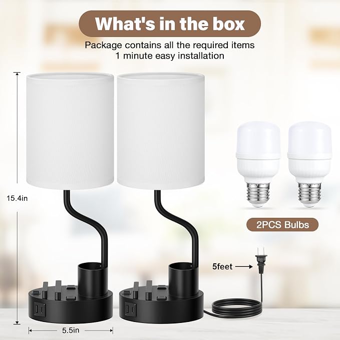 Fenmzee Bedside Lamps for Bedroom Set of 2 - Table Desk Lamp for Nightstand | 15" Table Lamp for Living Room with Pen Holder & Phone Stand, USB A+C Port, AC Outlet, 3 Color Temperature, LED Bulb Included - Image 3