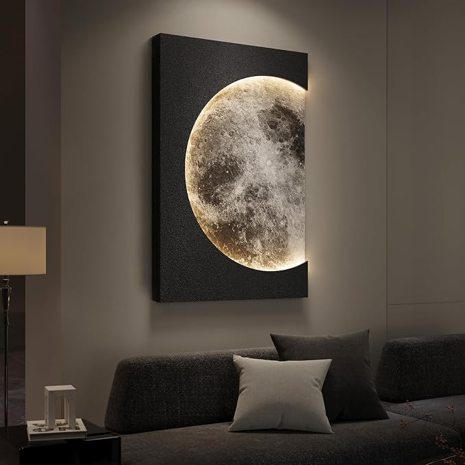Large 3D LED Moon Wall Art, Modern Minimalist Backlit Lighted Lunar Artwork for Walls, Vertical Contemporary Black Textured Paintings for Living Room Bedroom Dining Room Hallway Entryway Wall Decor 24x36 In - Image 2