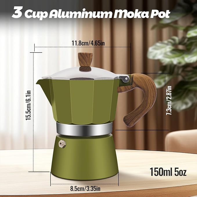 3 Cup Aluminum Moka Pot Classic Stovetop Espresso Coffee Maker 150ml 5oz Coffeemaker Percolator Mocha Pot Greca Coffee Maker Cafe Makers for Italian and Cuban Café Brewing Green - Image 2