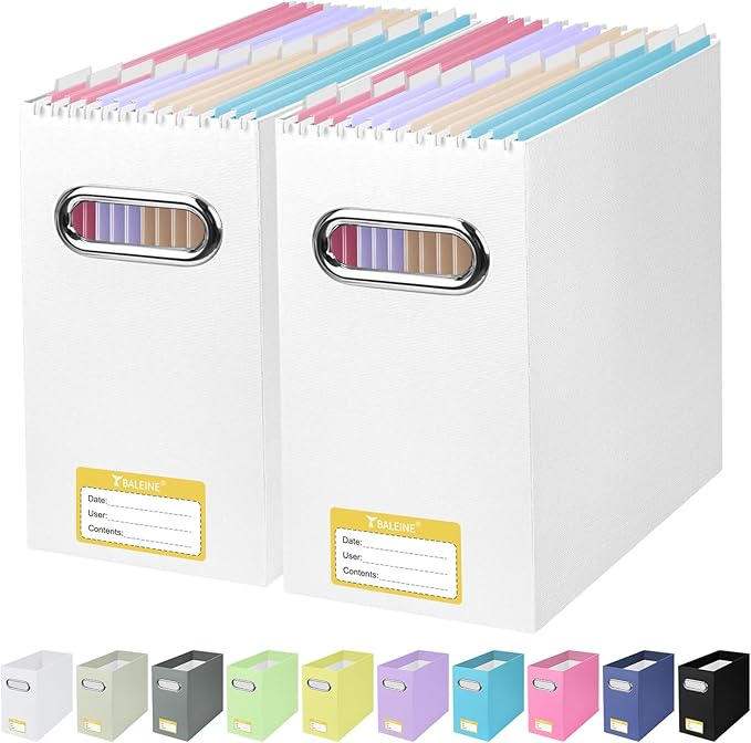 BALEINE File Organizer Box, Cardboard File Folder Organizer with Handle for Letter Size, Portable Collapsible Hanging Filing Box for Home Office Document Storage (2 Pack, White) by BALEINE
