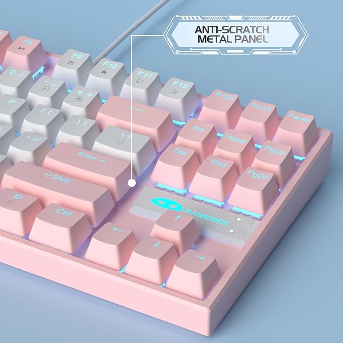 MageGee 75% Mechanical Gaming Keyboard, Red Switch, LED Blue Backlit, 87 Keys Compact TKL Wired Computer Keyboards for Windows Laptop PC Gamer - White/Pink - Image 8