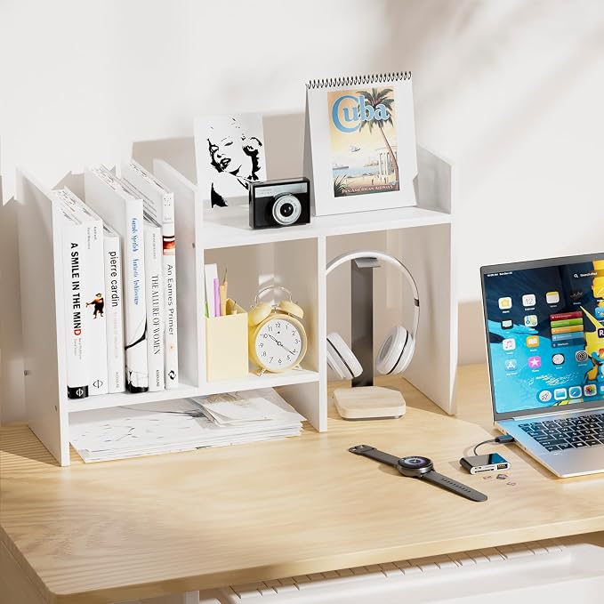 Desk Shelves Wood Desktop Orgnizer Shelf. Office Organization for Top of Desk Organizers and Accessories Bookshelf Shelving,Adjustable Tier H-Shape Mini Bookcase(White) - Image 4