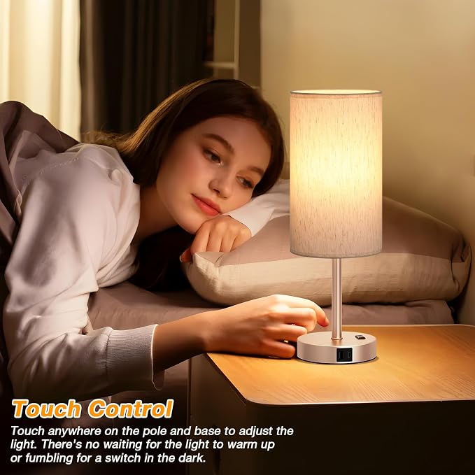 Dicoool 17.4" Bedside Lamp for Bedroom - Dimmable Touch, USB A+C, AC Outlet | LED Bulb Included, 3-Way Dimmable, 17.4" Table Lamp for Living Room, Dorm, Cream Fabric Lampshade, Antique White Metal Base - Image 2