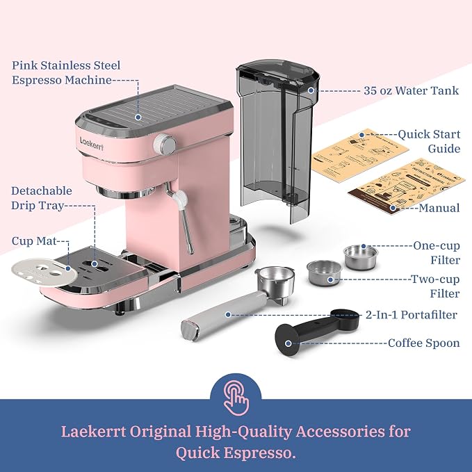 Laekerrt Professional Espresso Machine 20 Bar, Espresso Maker with Milk Frother Steam Wand, Stainless Steel Home Coffee Machines for Cappuccino and Latte, Gift for Women Wife Daughter or Mom, Pink - Image 7