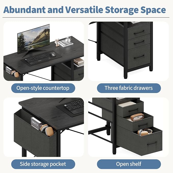 DUMOS 39 Inch Small Computer Desk with Storage, Fabric Drawers | Writing Table, Side Pocket, Space Saving Workstation, Home Office, Gaming Setup, Dorm Apartment, Black - Image 7