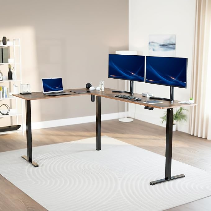 VIVO Vintage Brown 84 x 63 in Corner Standing Desk, DESK-E3CTBN-84 | Electric, Large Reversible L-Shaped Table, Sit Stand Height Adjustable, Memory Controller, Office Furniture Sets, Black Frame - Image 2