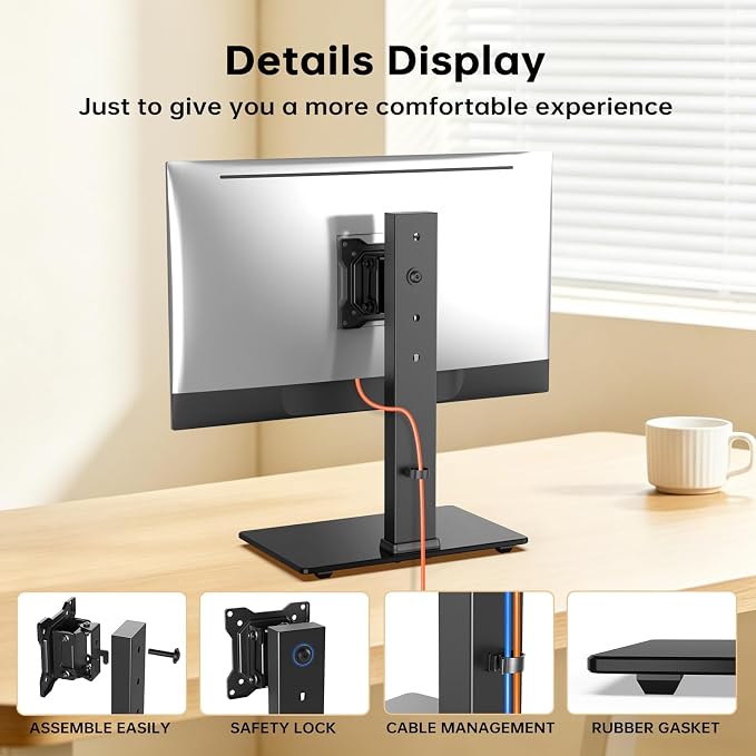 Afaloona Freestanding Single Monitor Stand for 13-32 Inch Monitor, No Clamp | Max Load 77lbs | Tempered Glass Base | ±25° Swivel | -5° to +10° Tilt | 360° Rotation | 4 Height Options | VESA 75×75/100×100 - Image 5