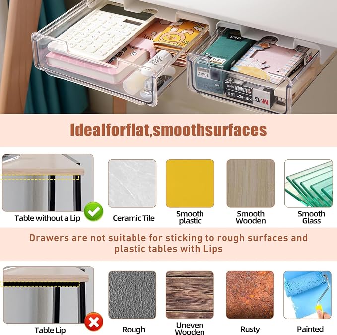 TooCust 2 Pack Under Desk Storage Drawers Slide Out-Drill-On or Self-Adhesive,Large&Medium Drawer Under Desk Organizer Under Table Drawer for Home Office School Organization and Storage - Image 6