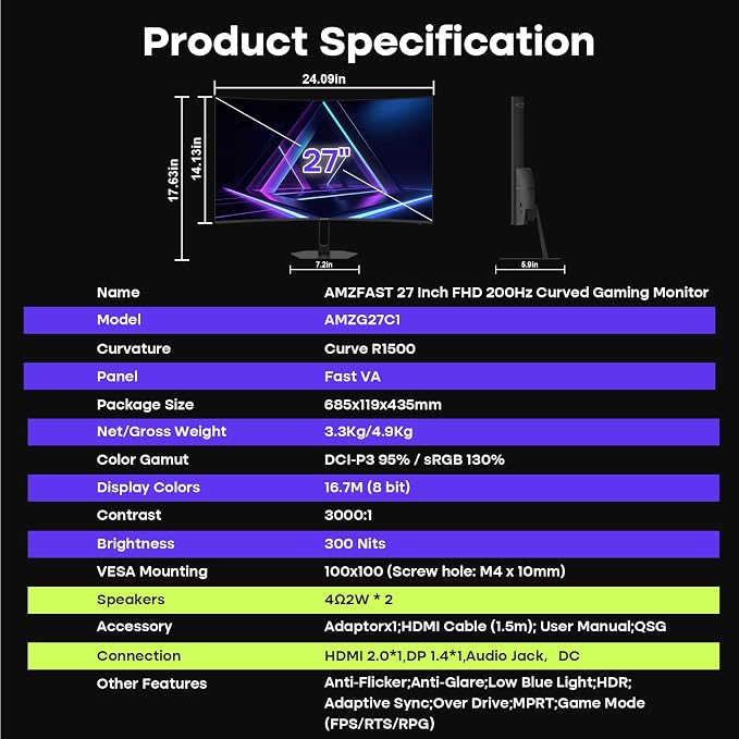 Amzfast 27 inch 200Hz Curved Gaming Monitor, FHD 1080p with Built-in Speakers, FreeSync, MPRT 1ms, 130% sRGB, 3000:1, 1500R, VESA Mount, HDMI 2.0&DP 1.4, 12 Months Warranty Exchange, AMZG27C1 - Image 9