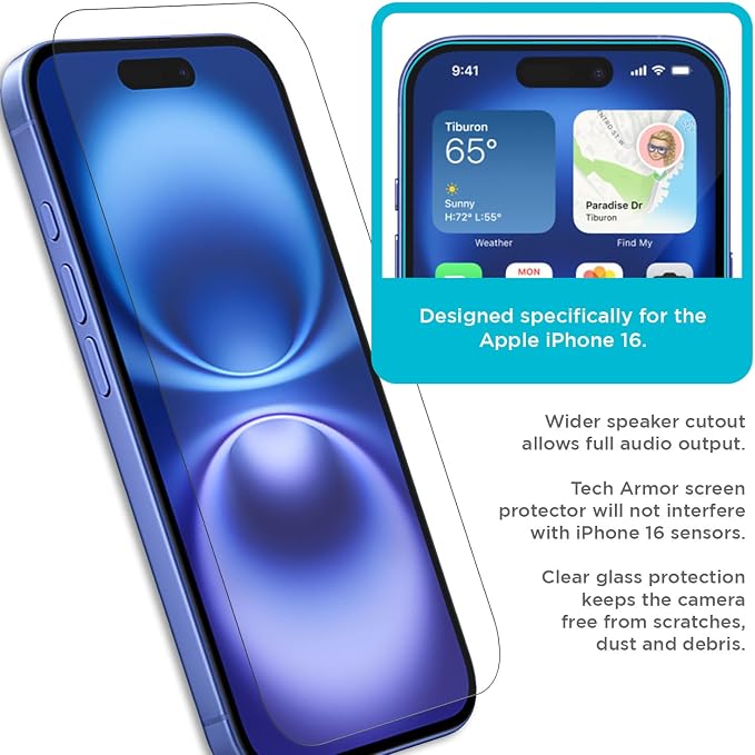 Tech Armor for iPhone 16 Screen Protector Glass 6.1 inch - Ballistic Tempered, Case Friendly, Sensor Protection, HD, 9H Hardness, 3 Pack + Bonus Camera Lens Protector - Image 5