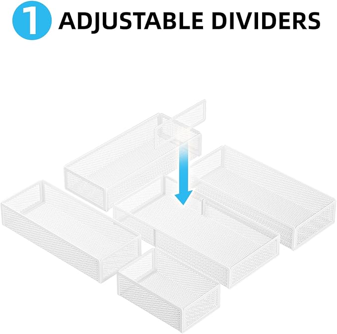 Marbrasse 5 Pack Desk Drawer Organizer Set, Mesh Drawer Storage Trays with 1 Adjustable Divider, Desk Organizers and Accessories, 5 PCS Drawer for Office Supplies, Makeup & Vanity (White) - Image 4