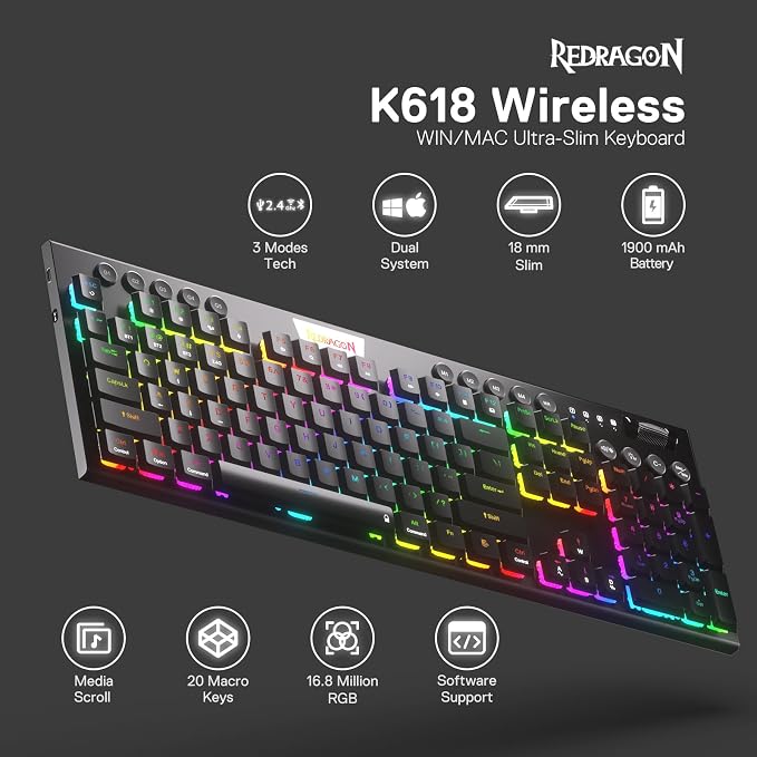 Redragon K618 PRO Wireless Ultra-Thin Gaming Keyboard, Macro & Media Scroll | 0-Delay Tri-Mode, 5 On-Board Keybinding G Buttons for MMO MOBA Games, Dedicated Media Control, Easy-Switch Win/Mac Compatible - Image 2