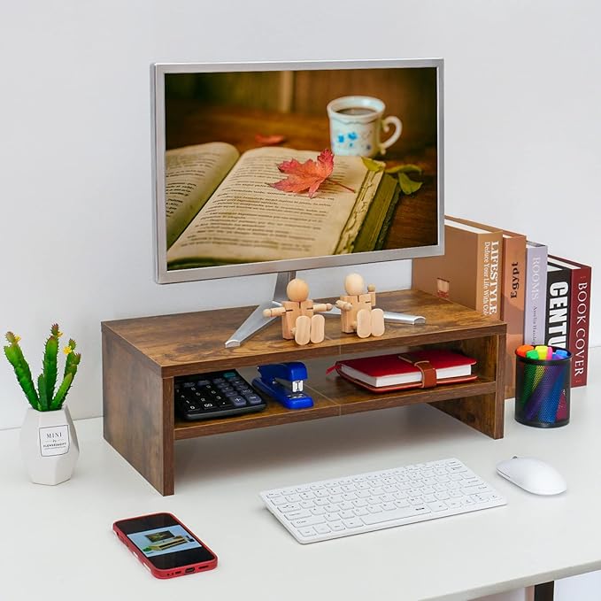 TEAMIX 20 inch Monitor Riser Stand - 2 Tiers, Wood Rustic Desktop Bookshelf | Laptop/PC/Printer/Keyboard Storage, Ergonomic Design, 15mm thick Sturdy Wood Boards, TV Stand, Home Office Desk Accessories - Image 3