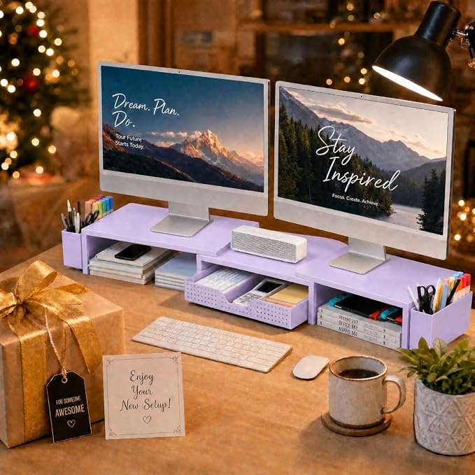 OPNICE Desk Organizers and Accessories, Dual Computer Monitor Stand Riser with Drawer and 2 Pen Holders, Office Desk Accessories, Workspace Desktop Organization for Office Supplies (Purple Metal ) - Image 9