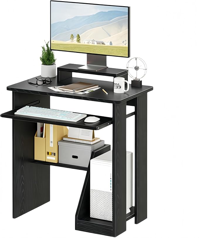ALISENED 30 Inch Computer Desk, with Keyboard Tray & Monitor Stand | Compact Desk for Space-Saving, Ergonomic Study Desk with Storage Shelves for Writing, Gaming, Working, Black by ALISENED