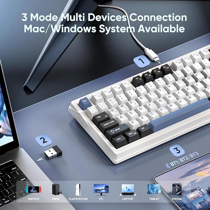 RedThunder K95 Wireless Mechanical Keyboard, TFT Screen & Knob, Tri-Mode BT5.0/2.4GHz/USB-C Hot Swappable Custom, Pre-lubed Linear Switches, Gasket Structure, RGB Gaming Keyboard, Snowy White-Blue - Image 8