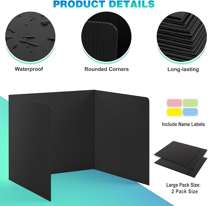 2Pack Black Desk Dividers for Student, Waterproof Plastic Privacy Folders for Classroom Students, Foldable Study Carrels Teacher Supplies, Easy-Clean Testing Dividers for Exam, Office & Library Focus - Image 3
