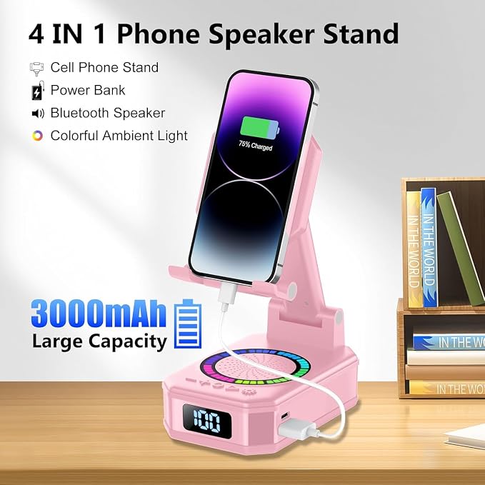 Gifts for Women, Phone Stand with Wireless Bluetooth Speaker and Anti-Slip Base, Gadgets for Anniversary Idea Gift, Phone Charger Stand with LED Lights, Kitchen Gadget Compatible with IOS Android - Image 7