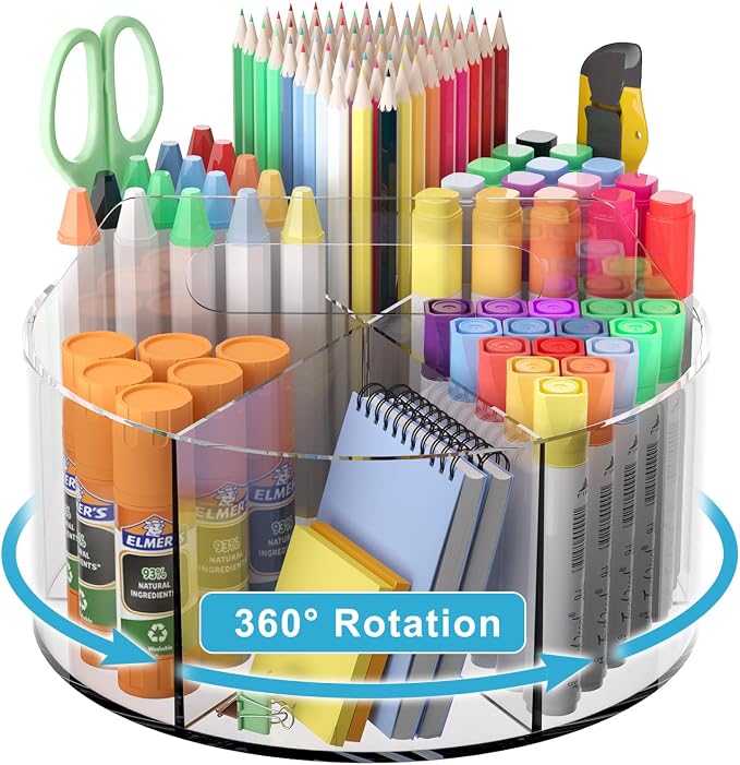 Rotating Markers Organizer for Kids, Acrylic Lazy Susan Organizers for Desks, 360 Degree Spinning Pencil Holders Pen Holders, Clear Arts and Crafts Organizer Storage, Art Supply Storage 6 Compartments by Wawocs