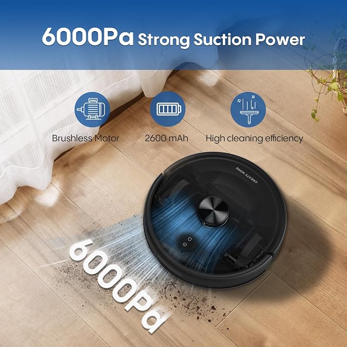 Bagotte Robot Vacuum and Mop Combo with LiDAR Navigation, Self-Emptying Robotic Vacuums Cleaner with 6000Pa Super Power, Mapping, 90 Days Hands-Free, Fast Home Mapping for Pet Hair, Hard Floors - Image 2
